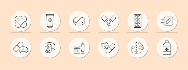 El icono del conjunto de medicamentos Botiquín de primeros auxilios placa de tableta de yeso ungüento inyección vendaje crema facial Concepto de atención médica Fondo de color pastel Icono de línea vectorial para Negocios y Publicidad