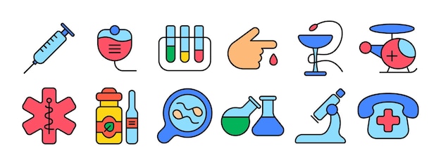 Icono de conjunto médico Siringa bolsa de sangre tubos de ensayo gota de sangre helicóptero cruz médica botella de medicina frasco de vidrio de ampliación microscopio teléfono con cruz atención médica