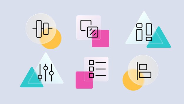 Icono de conjunto de menú de aplicaciones Cuadrados círculos mosaicos deslizadores pictogramas panel de control configuración de pantalla completa menú desplegable Estilo de morfismo de cristal Icono de línea vectorial para empresas