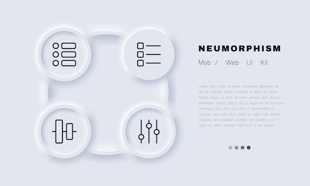 Icono de conjunto de menú de navegación Lista de aplicaciones de la aplicación Ajustes de pictogramas deslizadores panel de control alineación horizontal Concepto de tecnología Estilo de neomorfismo Icono de línea vectorial para Negocios y Publicidad