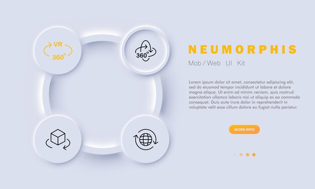 Icono de conjunto de metaverso Hombre en vidrio 3d y casco Desarrollo de aplicaciones Flecha circular con texto vr Flecha Visualización de 360 grados Concepto de realidad virtual Estilo de neomorfismo Icono de línea vectorial para publicidad