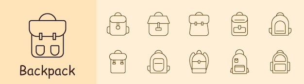 El icono del conjunto de mochila La mochila de la caminata Viaje pertenencias personales Llevar a la escuela Deportes artículo de ropa y estilo Haversack mochila Packsack concepto