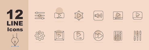 El icono del conjunto multimedia ajusta los deslizadores el botón de reproducción el volumen de reproducción de la red el reproductor de video el control de los medios el archivo de reproducción del video el engranaje de reproducción la pantalla el ecualizador de medios los cables de audio