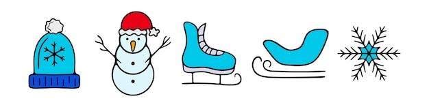 Icono del conjunto de Navidad de Año Nuevo Concepto divertido de invierno Hombre de nieve copo de nieve invierno trineo frío patines sombrero temperatura bajo cero