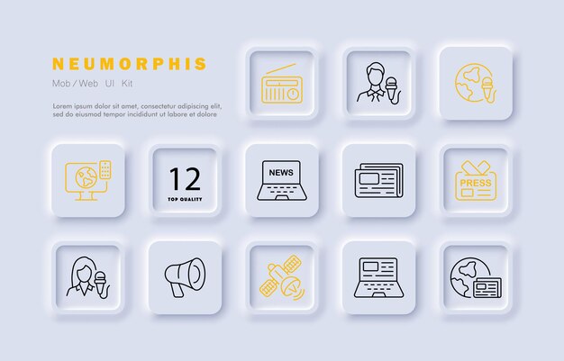 Icono de conjunto de noticias Presentador corresponsal noticias de última hora televisión micrófono radio correspondencia prensa satélite Neomorfismo estilo Vector icono de línea para Negocios y Publicidad
