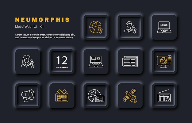 Icono de conjunto de noticias Presentador de TV Noticias de última hora Micrófono Bocadillo de diálogo Fuego Pronóstico del tiempo Estadísticas Infografía portátil Historia Compartir información Concepto de servicio Neomorfismo Icono de línea vectorial