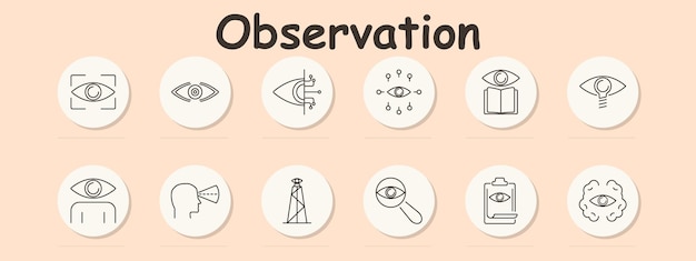 El icono del conjunto de observación el enfoque ocular el monitoreo visual la vigilancia digital de la red ocular la lectura la visión la perspectiva de la idea la previsión la lupa el informe de inspección la visión cerebral