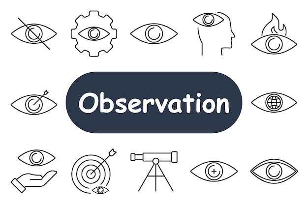 Icono del conjunto de observación Ojo con lupa mano objetivo telescopio ojo con engranaje y globo con ojo Ideal para sistemas de enfoque y monitoreo de vigilancia