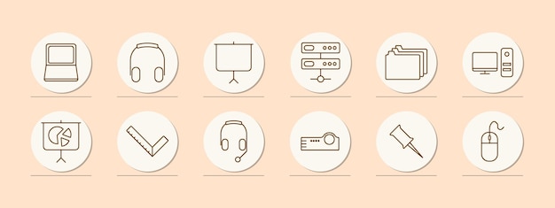 El icono del conjunto de oficina, los auriculares portátiles, la presentación, los archivos del servidor, las carpetas, el monitor de la computadora, la unidad del sistema, la regla, el micrófono, el centro de llamadas, el proyector, el botón, el ratón, el concepto de trabajo de la oficina.