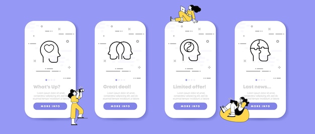 Icono de conjunto de pensamiento constructivo Cabeza cerebro pensamiento corazón autocuidado rompecabezas crítico racional Humanidad concepto UI pantallas de aplicación de teléfono con personas Icono de línea vectorial para Negocios y Publicidad