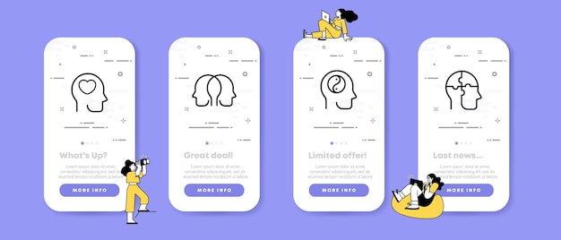 Icono de conjunto de pensamiento constructivo cabeza cerebro pensamiento corazón autocuidado rompecabezas crítico racional humanidad concepto ui pantallas de aplicación de teléfono con personas icono de línea vectorial para negocios y publicidad