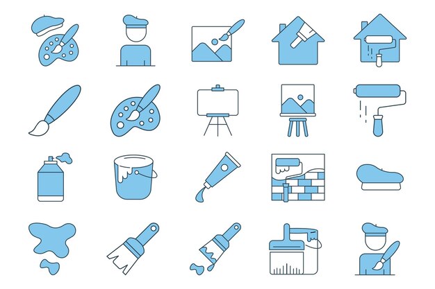 El icono del conjunto de pintura contiene iconos pincel de pintura lienzo pintor tubos de pintura, etc. Estilo de icono de línea plana Diseño vectorial simple editable