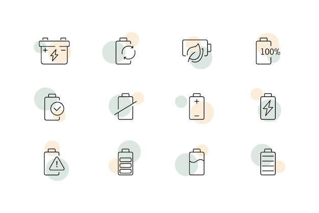 Icono de conjunto de postes de batería Electricidad positivo negativo más menos acumulador fuente de alimentación carga eléctrica dispositivo portátil Concepto de tecnología Vector iconos negros sobre fondo blanco