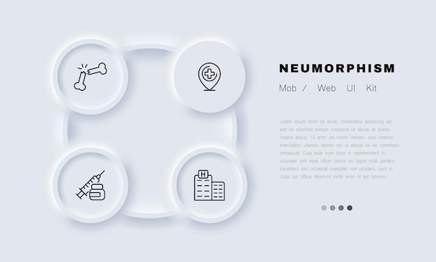 Icono de conjunto de primeros auxilios puntero de mapa de hueso roto con inyección de jeringa cruzada edificio del hospital médico anestesia concepto de atención médica estilo de neomorfismo icono de línea vectorial para negocios y publicidad