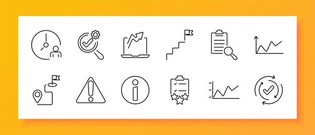 Icono de conjunto de productividad y logros Análisis de gestión del tiempo Comprobar gráfico de crecimiento Lista de tareas de hito Mapa de línea de tendencia con información de advertencia de bandera Comprobar ciclo de gráfico de progreso de calificación