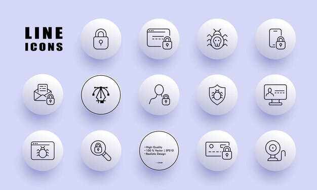 Icono de conjunto de protección contra piratería y virus informáticos Bloqueo de malware antivirus ficha de incógnito escudo de pesca lupa cámara de vigilancia Concepto de seguridad Neomorfismo Icono de línea vectorial para empresas