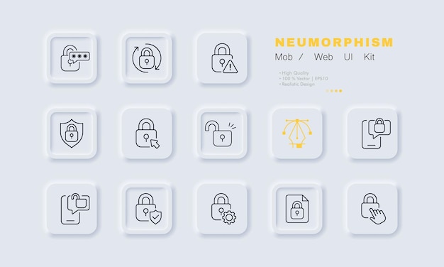 Icono de conjunto de protección de datos personales Señal de advertencia de contraseña de bloqueo flechas cursor abierto sistema notificación escudo engranaje documento mano Concepto de privacidad Neomorfismo Icono de línea vectorial para negocios