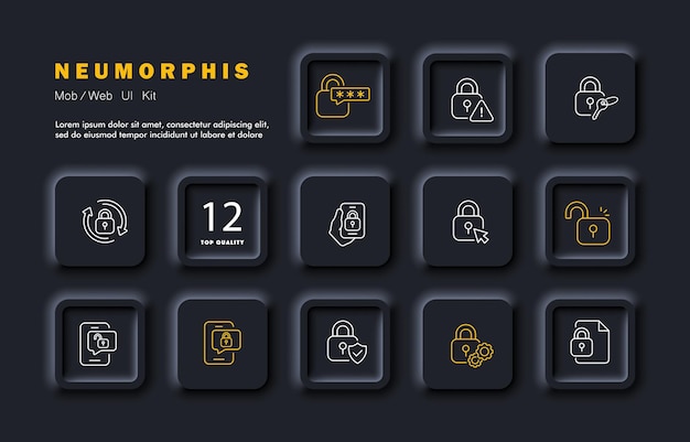 Icono de conjunto de protección de privacidad Bloquear contraseña signo de advertencia flechas clave teléfono cursor desbloquear escudo engranaje acceso configuración Concepto de datos privados Estilo de neomorfismo Icono de línea vectorial para negocios
