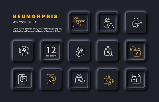 Icono de conjunto de protección de privacidad Bloquear contraseña signo de advertencia flechas clave teléfono cursor desbloquear escudo engranaje acceso configuración Concepto de datos privados Estilo de neomorfismo Icono de línea vectorial para negocios