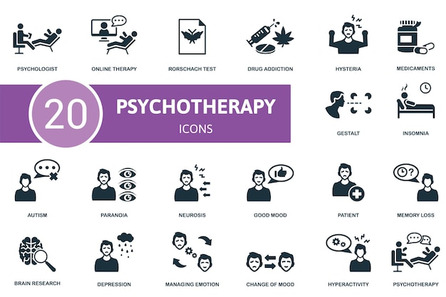 El icono del conjunto de psicoterapia contiene ilustraciones de psicoterapia como terapia en línea, medicamentos para la adicción a las drogas y más.