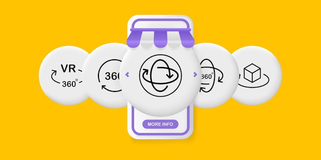 Icono de conjunto de realidad virtual Flechas circulares con vista de 360 grados y texto vr Pantallas de aplicación de teléfono de interfaz de usuario de concepto de metaverso de realidad aumentada con personas Icono de línea vectorial para negocios y publicidad