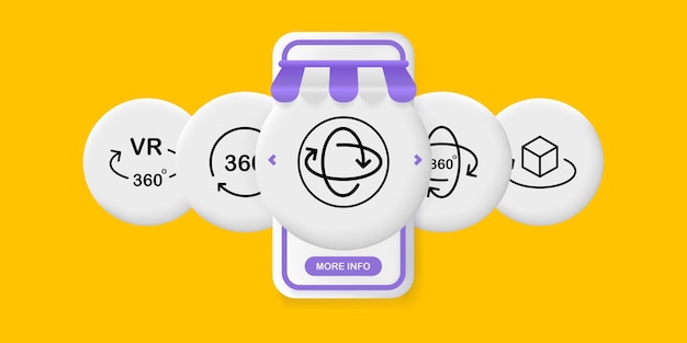 Icono de conjunto de realidad virtual Flechas circulares con vista de 360 grados y texto vr Pantallas de aplicación de teléfono de interfaz de usuario de concepto de metaverso de realidad aumentada con personas Icono de línea vectorial para negocios y publicidad
