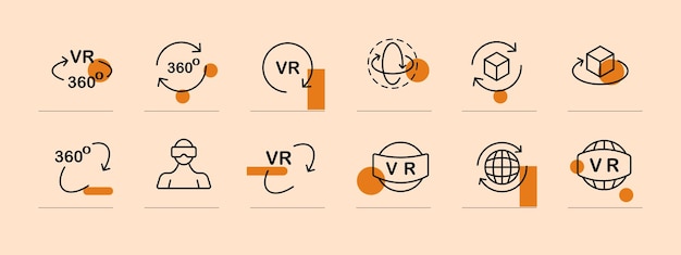 Icono de conjunto de realidad virtual gafas vr 360 grados ángulo de visión flechas de vista acercar y alejar casco 3d concepto de metaverso fondo de color pastel icono de línea vectorial