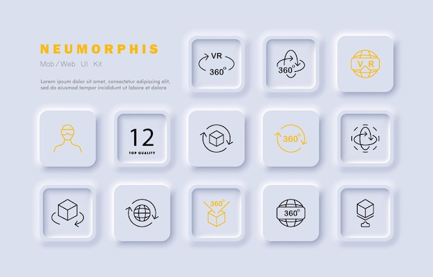 Icono de conjunto de realidad virtual hombre con gafas 3d y casco de realidad virtual planeta con texto vr flechas ángulo de visión de 360 grados concepto de metaverso estilo de neomorfismo icono de línea vectorial para negocios