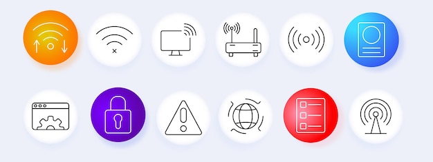 El icono del conjunto de red inalámbrica Wi-Fi señal router conexión a Internet configuraciones de seguridad análisis tecnología gráfica vectorial