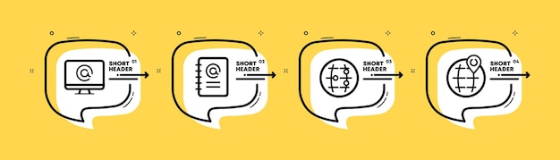 Icono de conjunto de red Monitor de mapa de correo puntero de planeta Comunicación mundial Contáctenos concepto Infografía línea de tiempo con iconos y 4 pasos Icono de línea vectorial para Negocios y Publicidad