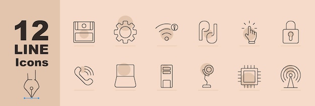 icono de conjunto de red y seguridad cajón engranaje alerta inalámbrica clips de papel toque bloqueo llamada router servidor webcam chip torre de señal herramientas de tecnología de seguridad de red