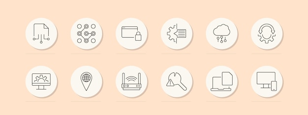 El icono del conjunto de redes Nodos de documentos Seguridad web Datos en la nube Equipamiento de llave de portátil Archivos icono de línea vectorial en fondo de melocotón