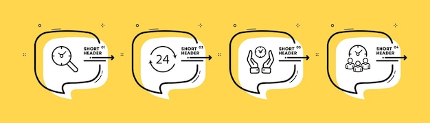 Ícono de conjunto de reloj Temporizador de minutos de hora de reloj en las manos Concepto de gestión de tiempo Línea de tiempo de infografía con iconos y 4 pasos Icono de línea de vector para Negocios y Publicidad