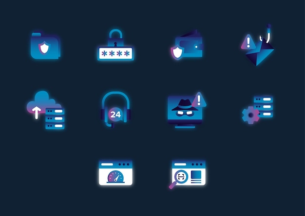 Icono de conjunto de seguridad cibernética digital con temas oscuros de colores de gradación