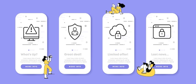 Icono de conjunto de seguridad de datos personales Bloqueo de protección de señal de advertencia de computadora sitio web de almacenamiento en la nube Concepto de tecnología Pantallas de aplicación de teléfono de interfaz de usuario con personas Icono de línea vectorial para Negocios y Publicidad