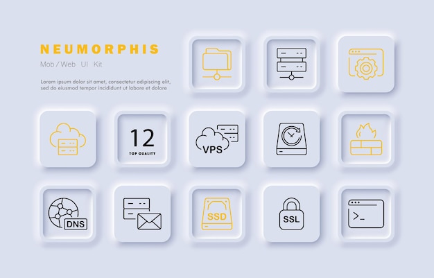 Icono de conjunto de seguridad de datos Servidor carpeta compartida seguridad privacidad almacenamiento en la nube configuración del sitio web optimización vps dns ssl consola de bloqueo Concepto de tecnología Estilo de neomorfismo Icono de línea vectorial