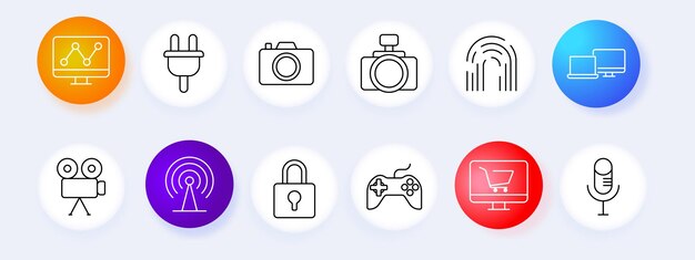 El icono del conjunto de seguridad digital Graph plug cámara huella dactilar monitor señal bloqueo juego compras micrófono gráfico vectorial