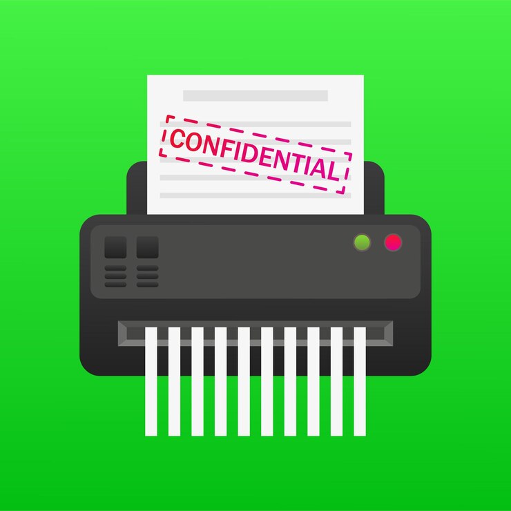 Vector el icono del conjunto de seguridad shredder con documento confidencial ilustra la protección de la privacidad de los datos de seguridad de la oficina de seguridad del documento destrucción de información confidencial