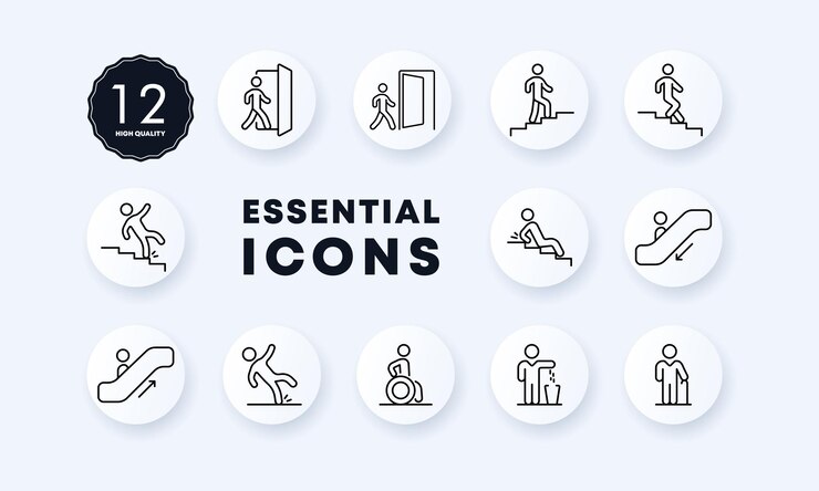 Icono de conjunto de señales de advertencia Pasos de puerta de salida de entrada piso resbaladizo escalera mecánica basurero rampa para silla de ruedas, etc. Concepto de postes indicadores Estilo de neomorfismo Icono de línea vectorial para negocios y publicidad