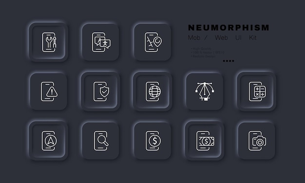 Icono de conjunto de servicios telefónicos Configuración de traductor navegador escudo calculadora protección planeta internet lupa cámara banca Concepto de tecnología Neomorfismo Icono de línea vectorial para negocios