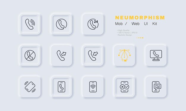 Icono de conjunto de servicios telefónicos Llamada de línea fija las 24 horas del día entrante saliente computadora wifi tick cross aceptar mensaje de rechazo Concepto de negocio Neomorfismo Icono de línea vectorial para negocios
