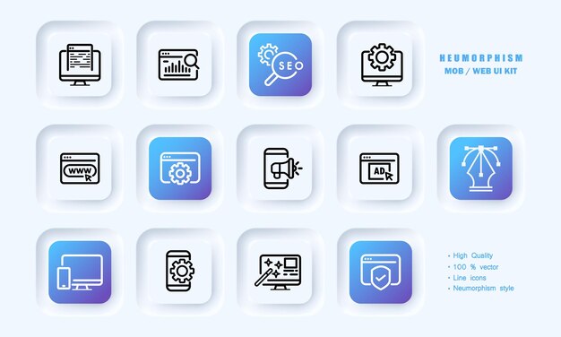 Icono de conjunto de sitios web Diseñador web búsqueda seo tienda en línea análisis ingresos publicidad compartir configuración optimización verificado Estilo de neomorfismo Icono de línea vectorial para negocios y publicidad