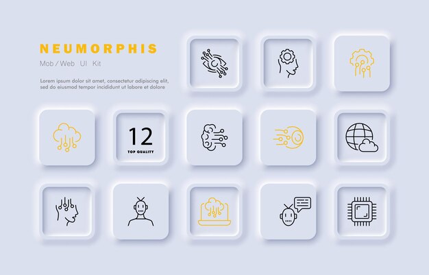 Icono de conjunto de tecnologías informáticas configuración de engranaje almacenamiento en la nube sincronización vista visión compartir planeta internet robot chip metaverso concepto neomorfismo vector icono de línea para negocios y publicidad