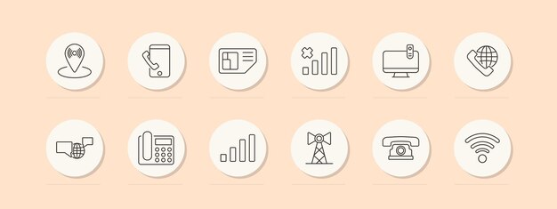 El icono del conjunto de telecomunicaciones, la pantalla de señal de la tarjeta SIM del teléfono, la torre web, la llamada wifi, el icono de la línea vectorial en fondo de melocotón