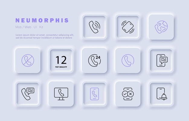 Ícono del conjunto de teléfonos Llame al auricular 24 el 7 navegación conexión correspondencia sms despertador perdido Contáctenos concepto Neomorfismo estilo Vector línea icono para Negocios y Publicidad