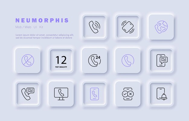 Ícono del conjunto de teléfonos llame al auricular 24 el 7 navegación conexión correspondencia sms despertador perdido contáctenos concepto neomorfismo estilo vector línea icono para negocios y publicidad