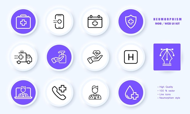 Icono de conjunto de tratamiento médico Botiquín de primeros auxilios llamada médico calendario cita escudo ambulancia jabón antibacteriano hospital en línea Concepto de atención médica Neomorfismo Icono de línea vectorial para negocios