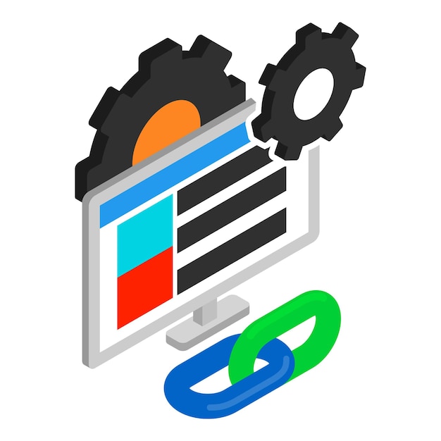 Icono de construcción de enlaces vector isométrico Monitor de computadora cadena enlace e icono de engranaje Desarrollo de negocios en Internet estrategia de vínculo de retroceso concepto seo