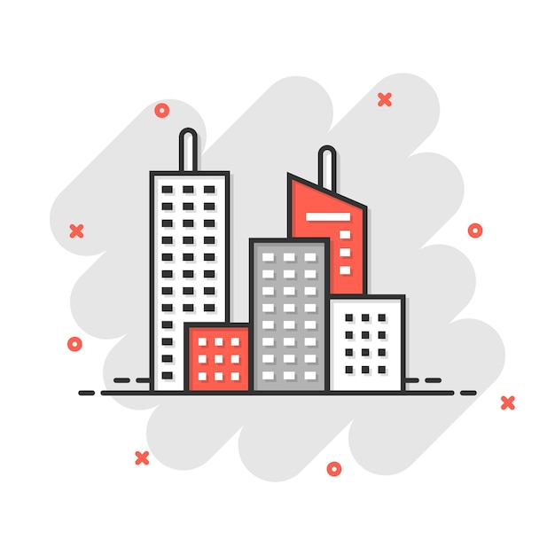 Icono de construcción en estilo cómico Ilustración de vector de dibujos animados de apartamento de rascacielos de ciudad sobre fondo blanco aislado Concepto de negocio de efecto de salpicadura de torre de ciudad