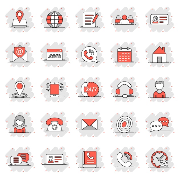 Icono de contacto establecido en estilo cómico Comunicación telefónica Ilustración vectorial de dibujos animados en fondo blanco aislado Equipo de sitio web Efecto de salpicaduras Concepto de negocio